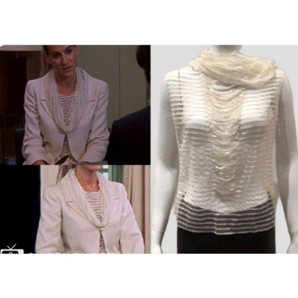 CHANEL cowl neck MESH & PEARL sleeveless SHIRT TOP sz 42 8 CELEBRITY